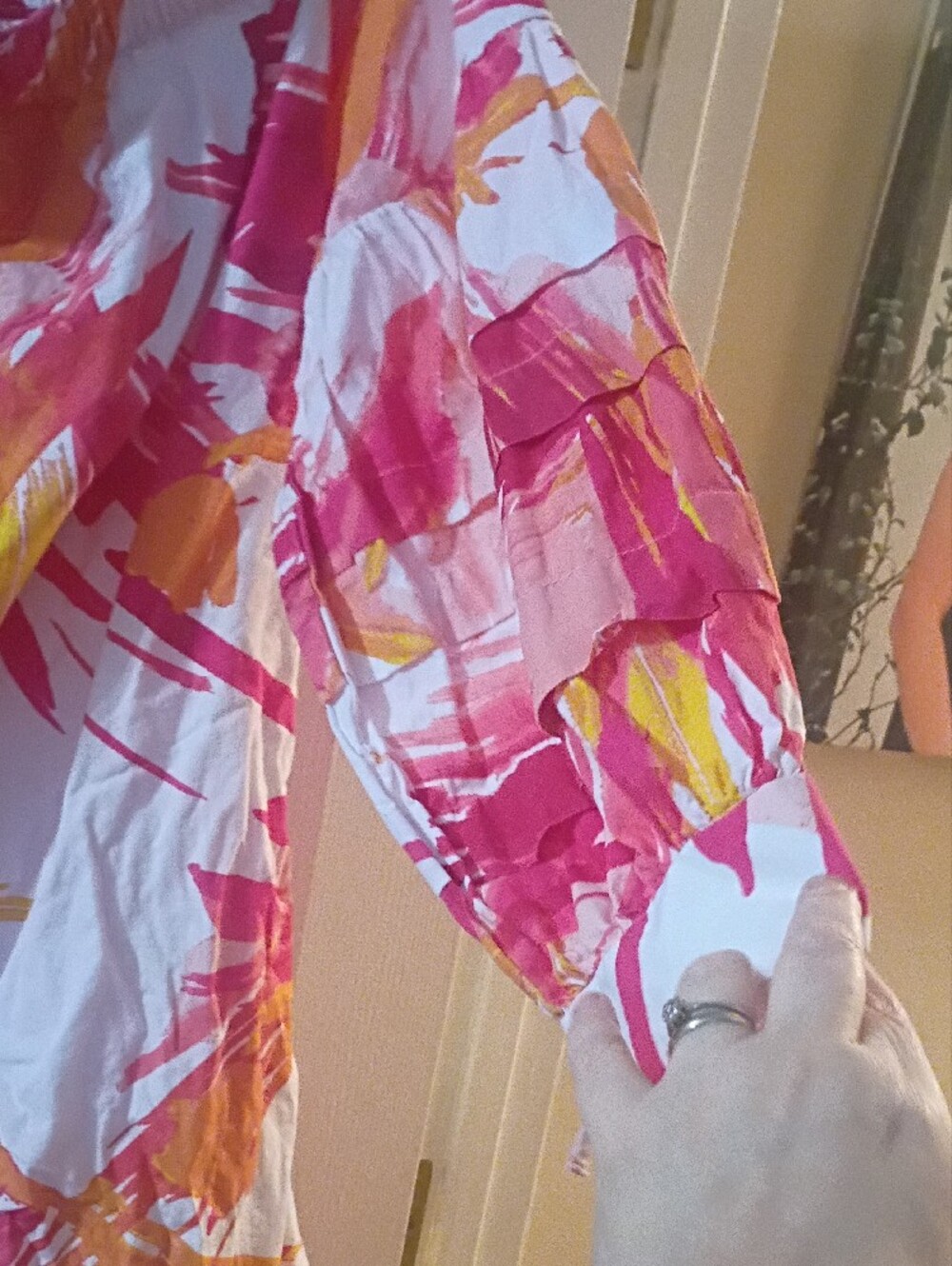 New York & Company Pink and Orange Abstract Off-Shoulder Tunic Dress - Picture 4 of 7